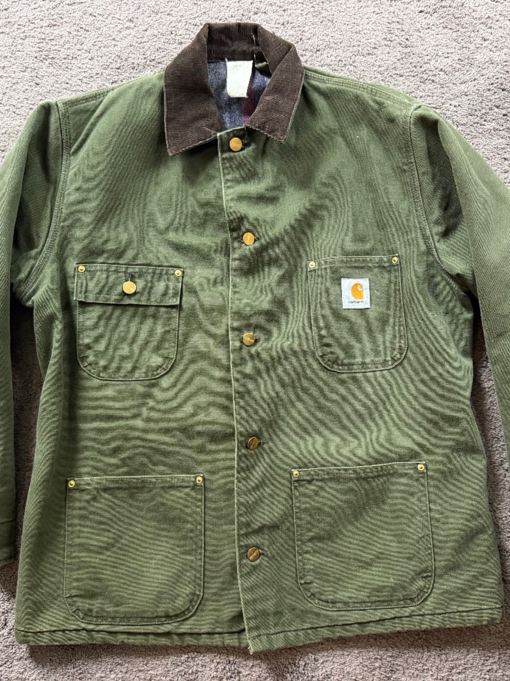 Vtg 90s Carhartt Chore Coat Jacket Green Blanket Lined Corduroy Collar USA CB104